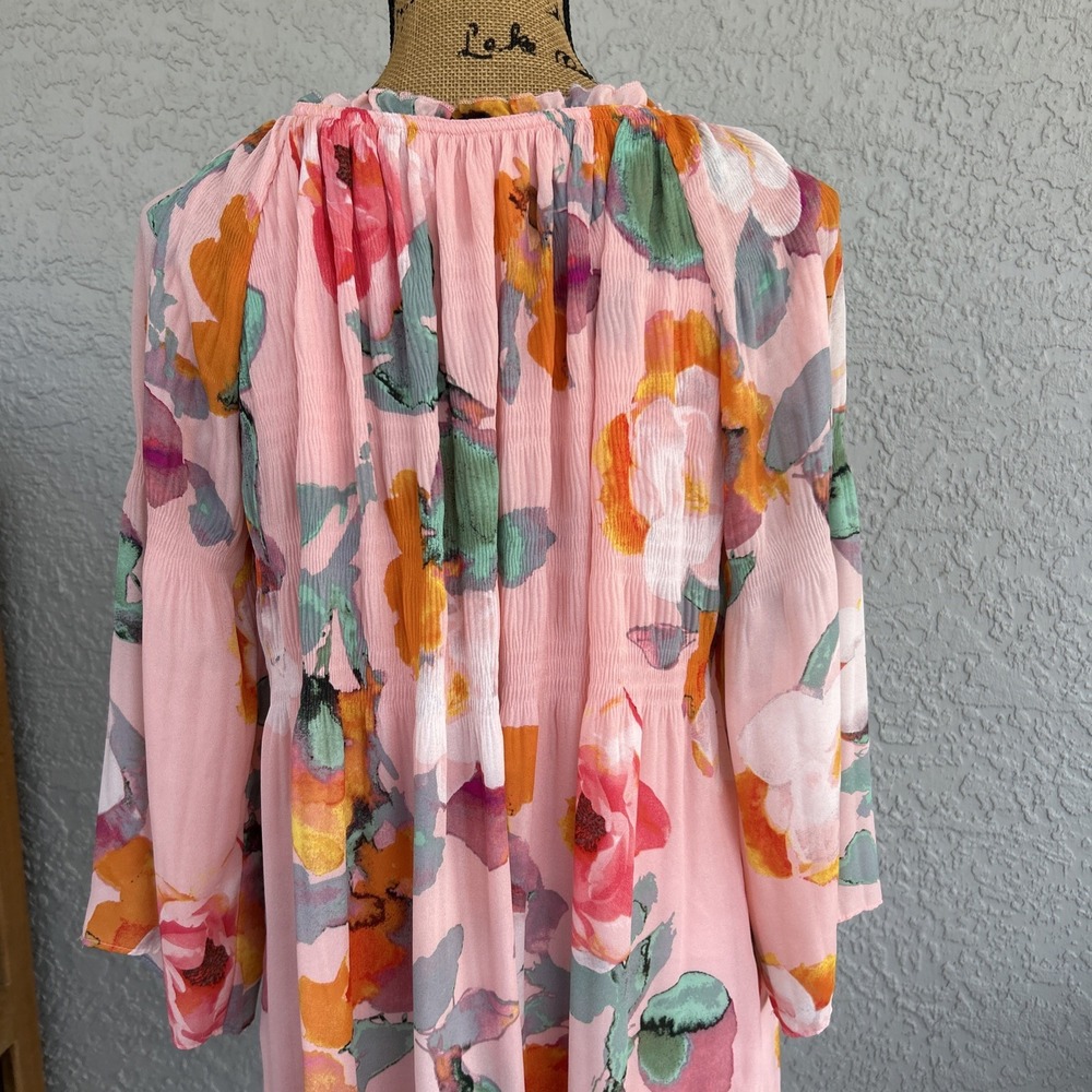 Spense 12 Petite Dress Floral Print Sheer Sleeves Lined Watercolor Pastel Pink - Picture 2 of 9